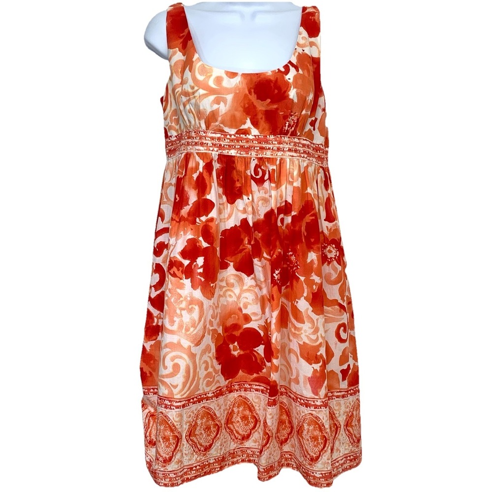 Adrianna Papell Empire Sun Dress Orange Print Sz 8 Cotton Knee Length Tropical